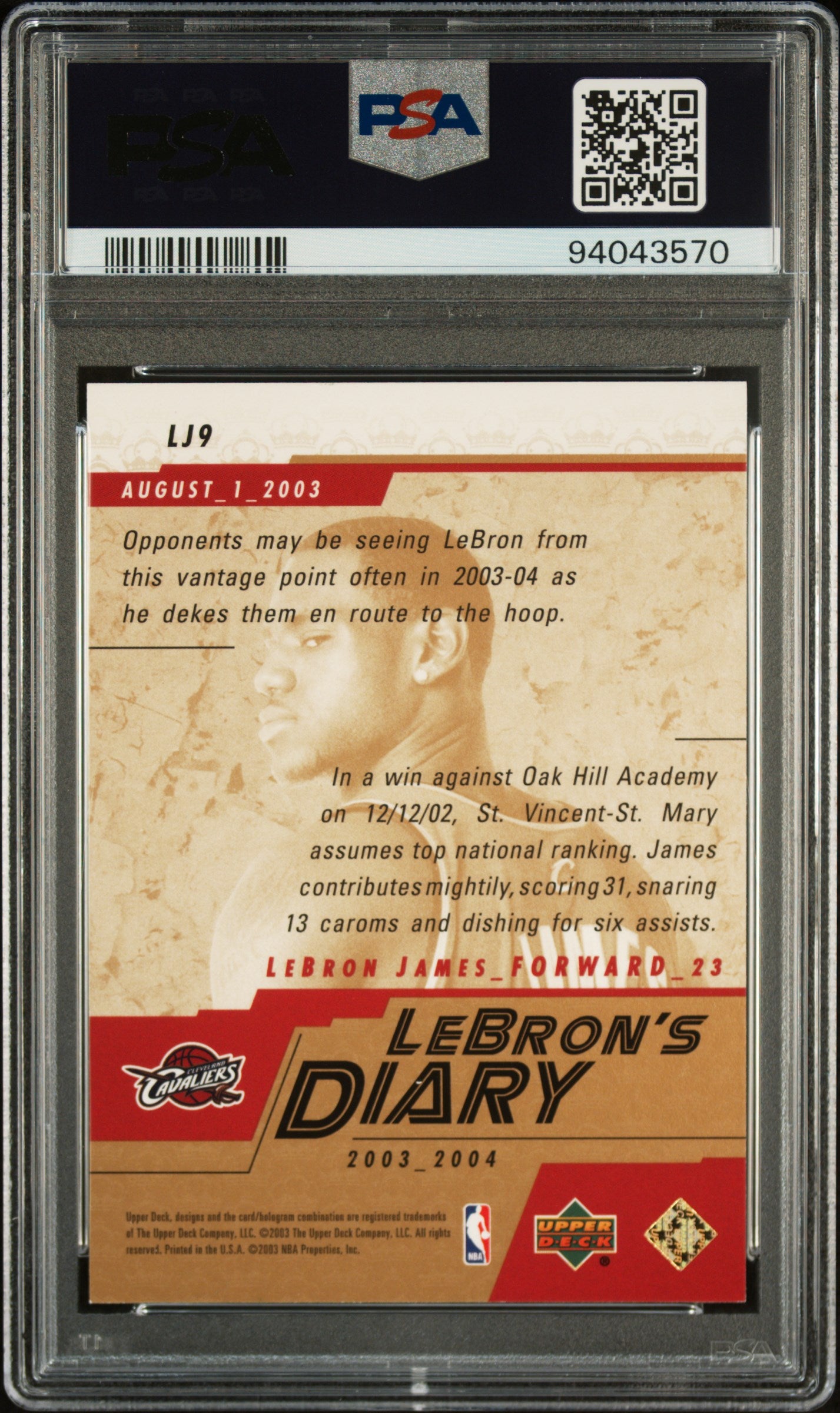 2003-04 Upper Deck - Lebron's Diary - LeBron James - LJ9 - Rookie Card - PSA Graded Card