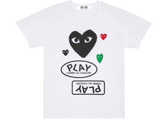 COMME DES GARÇONS PLAY MULTI LOGO BLACK HEART T-SHIRT WHITE