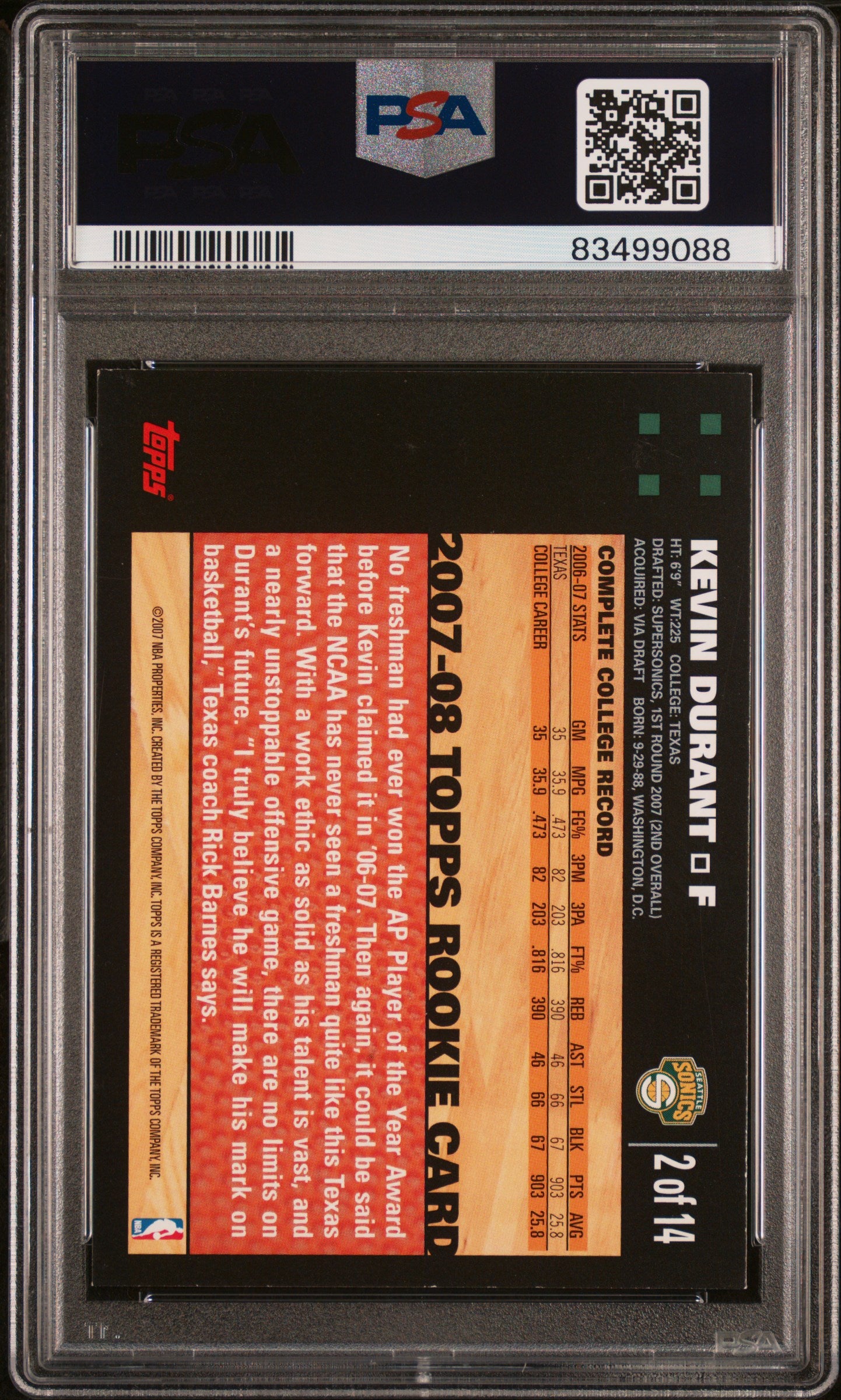 2007-08 Topps - Retail Factory Set Rookie Set - White - Kevin Durant - 2 - Rookie Card - PSA Graded Card