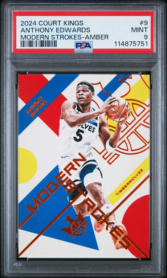 2024 Panini Court Kings Modern Strokes #9 - Anthony Edwards - Strokes-amber {REVIEW} PSA 9 Front - Cert #114875751