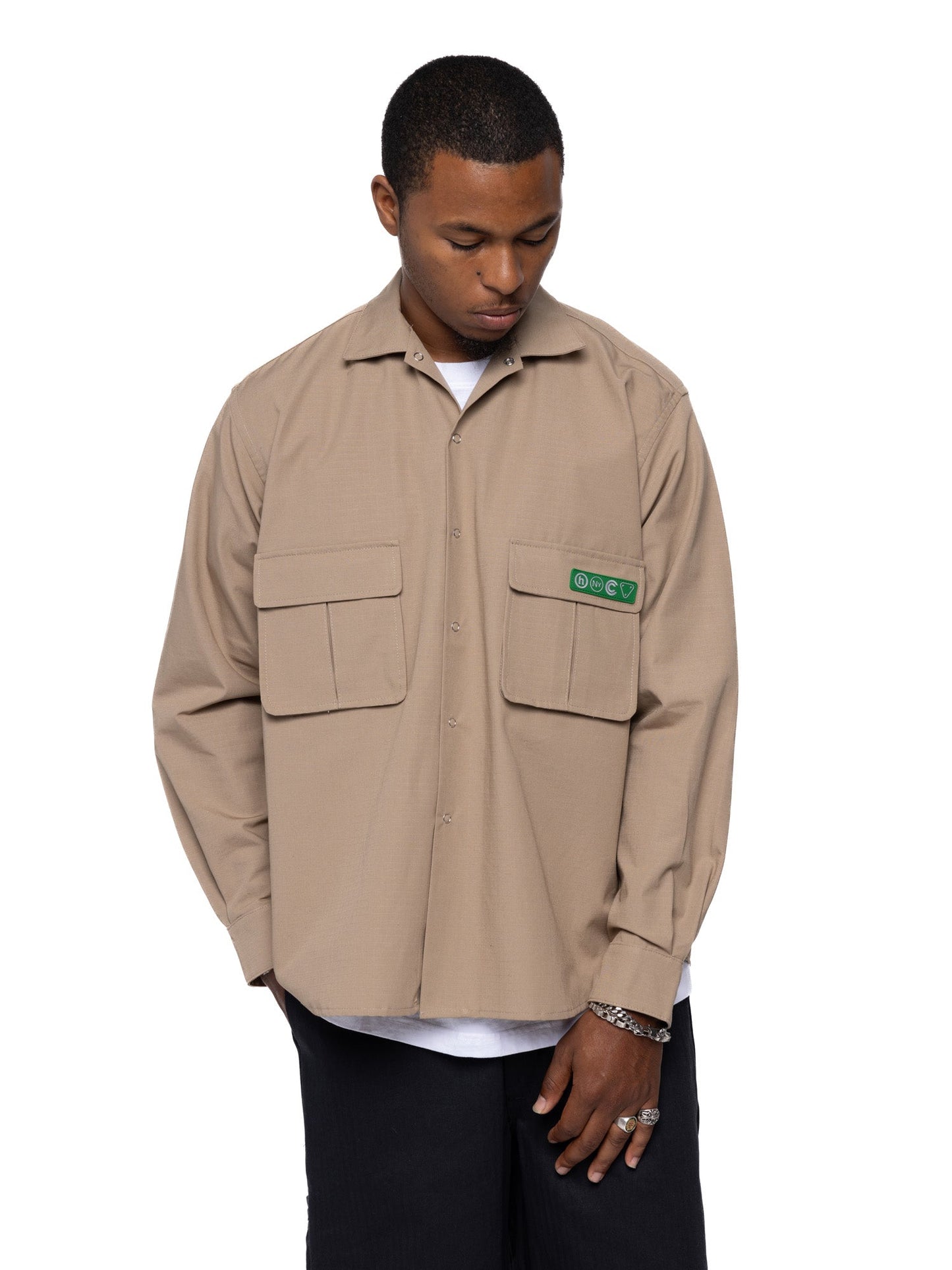 Hidden NY Hardware Tech Button Up Shirt Khaki