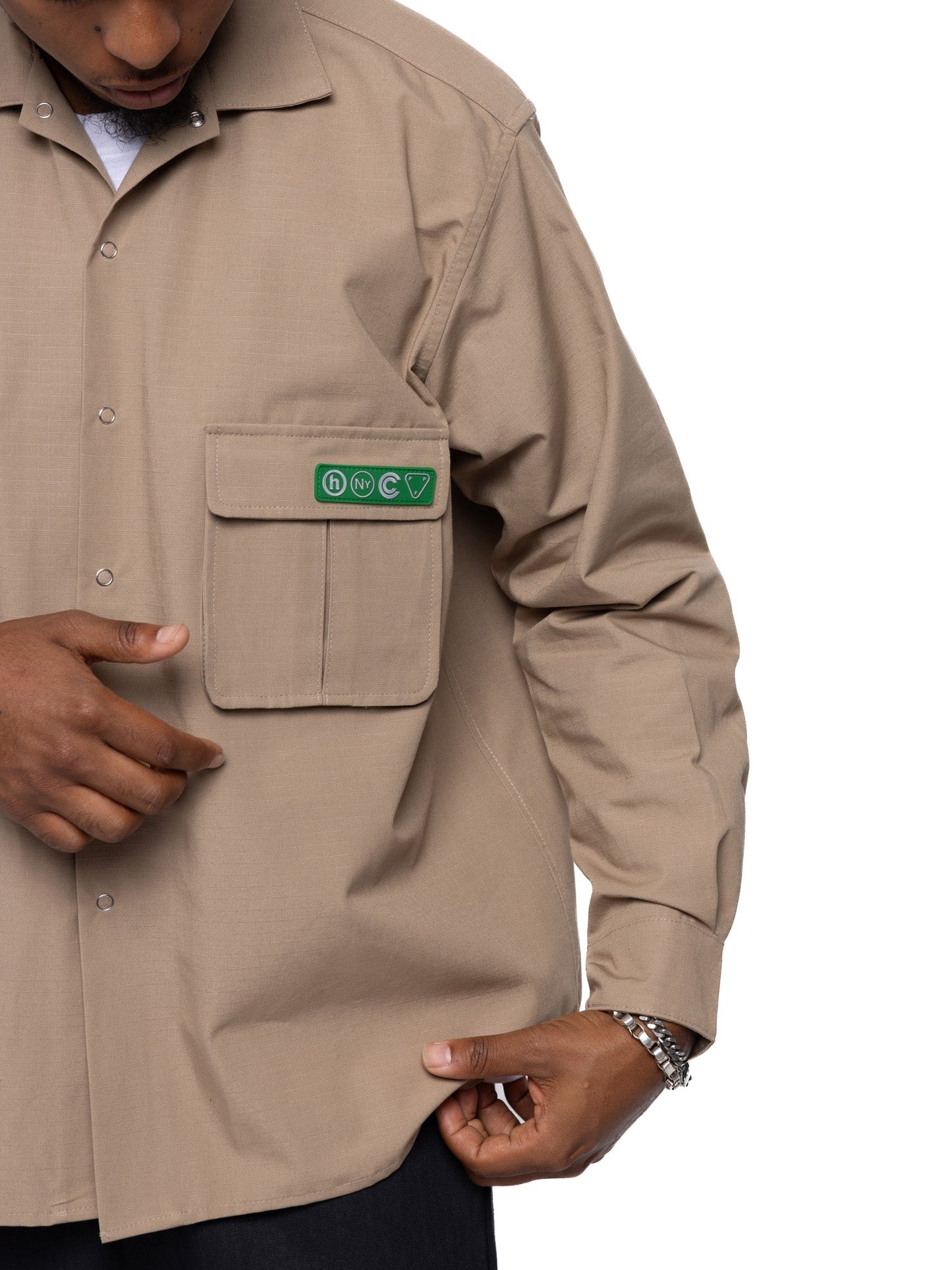 Hidden NY Hardware Tech Button Up Shirt Khaki