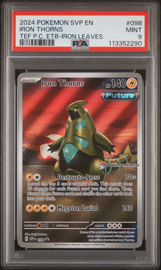 2024 Pokemon SVP En — SV Black Star Promo — 098 Iron Thorns Temporal Forces — Pokemon Center Elite Trainer Box-Iron Leaves — PSA Graded Card