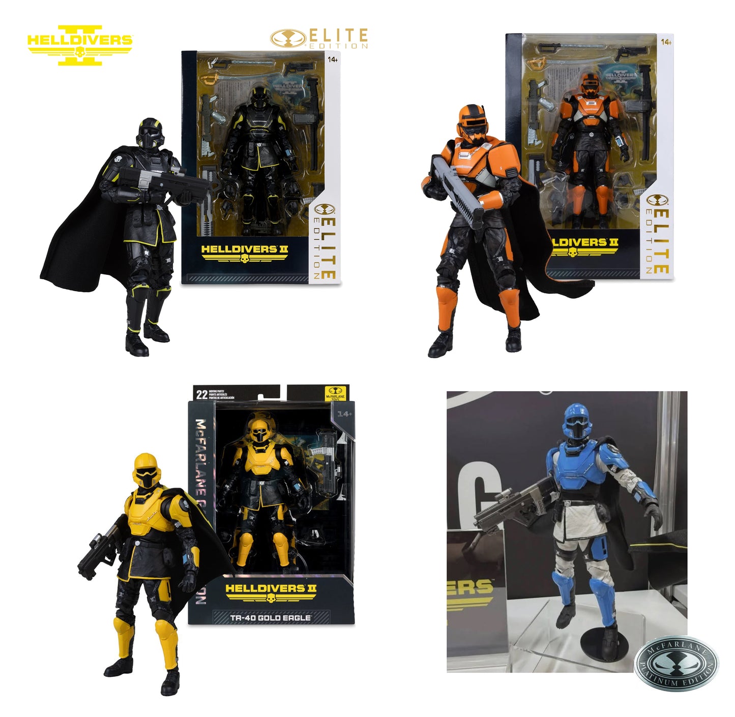 McFarlane Helldivers II Complete Set of 4 - #10 B-01 Tactical + CE-25 Trench Engineer + TR-40 Gold Eagle + TR-7 Ambassador CHASE (PRE-ORDER JULY 2026)