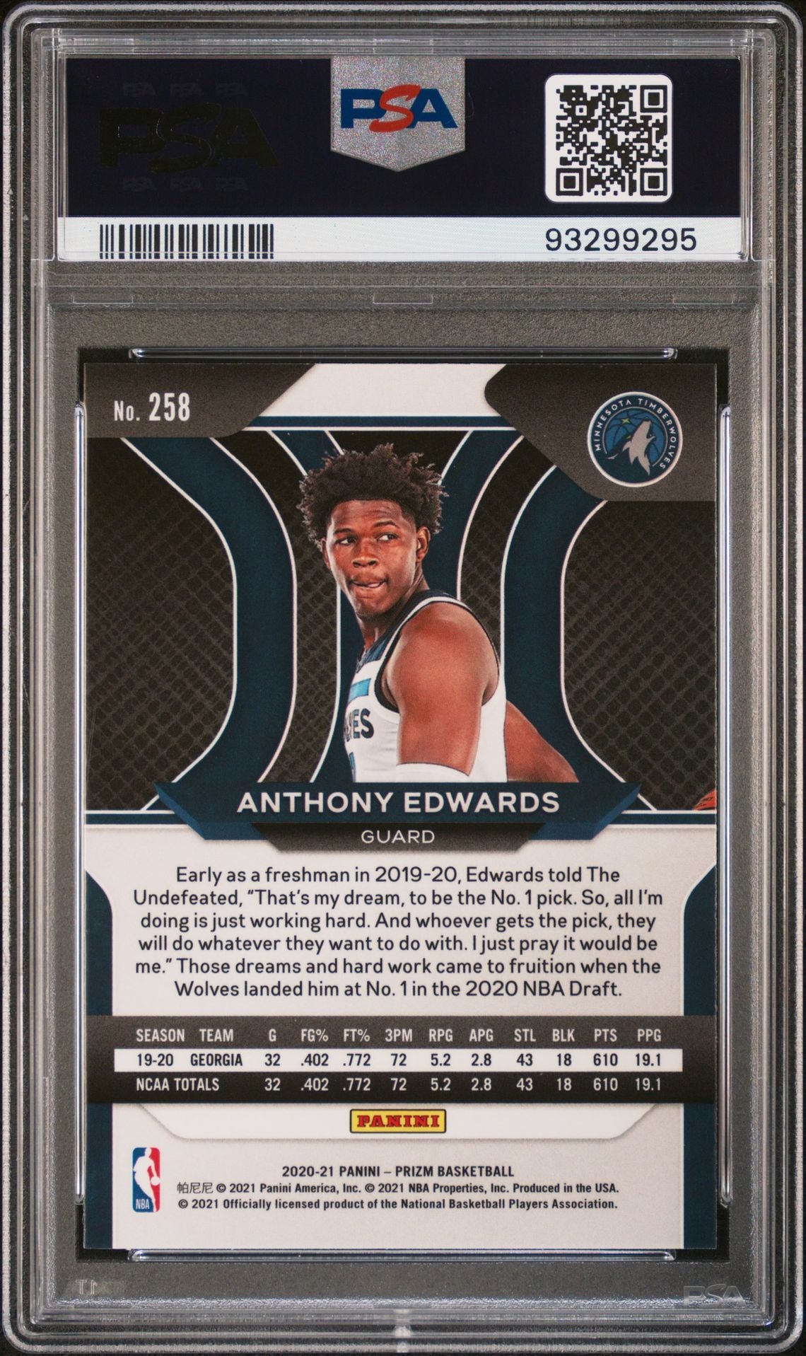 2020 Prizm - Anthony Edwards - Rookie Card - #258 - PSA Graded Card