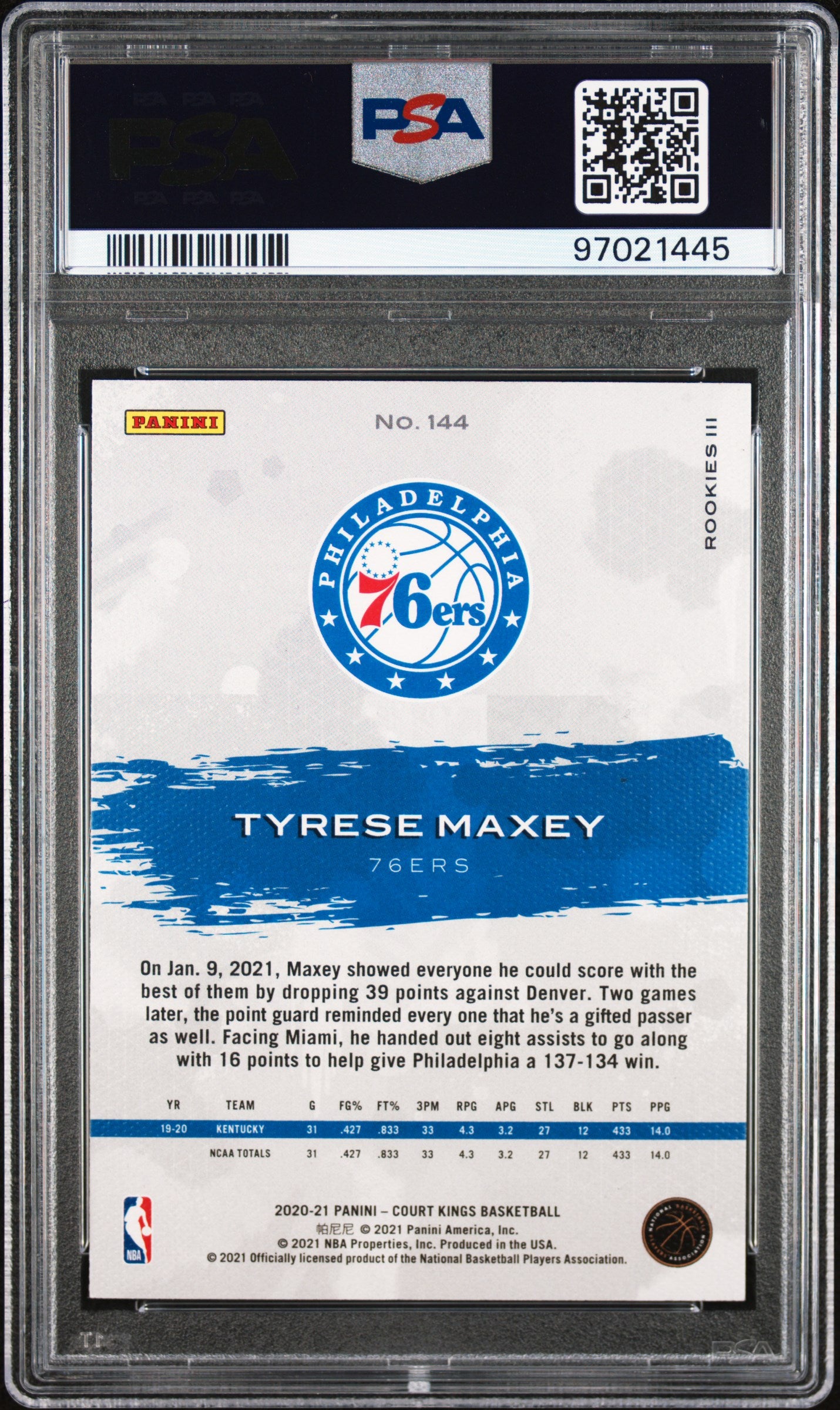 2020 Panini Court Kings #144 - Tyrese Maxey PSA 8 Back - Cert #97021445