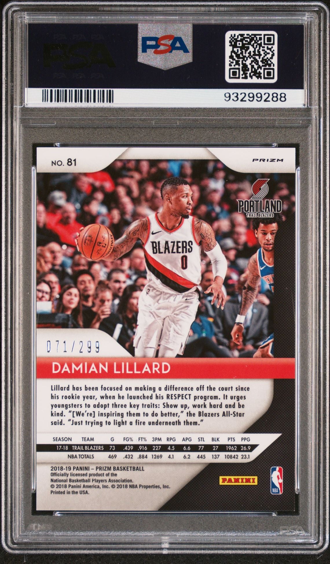 2018 Prizm - Damian Lillard - Red Prizm - Numbered to /299 - #81 - PSA Graded Card