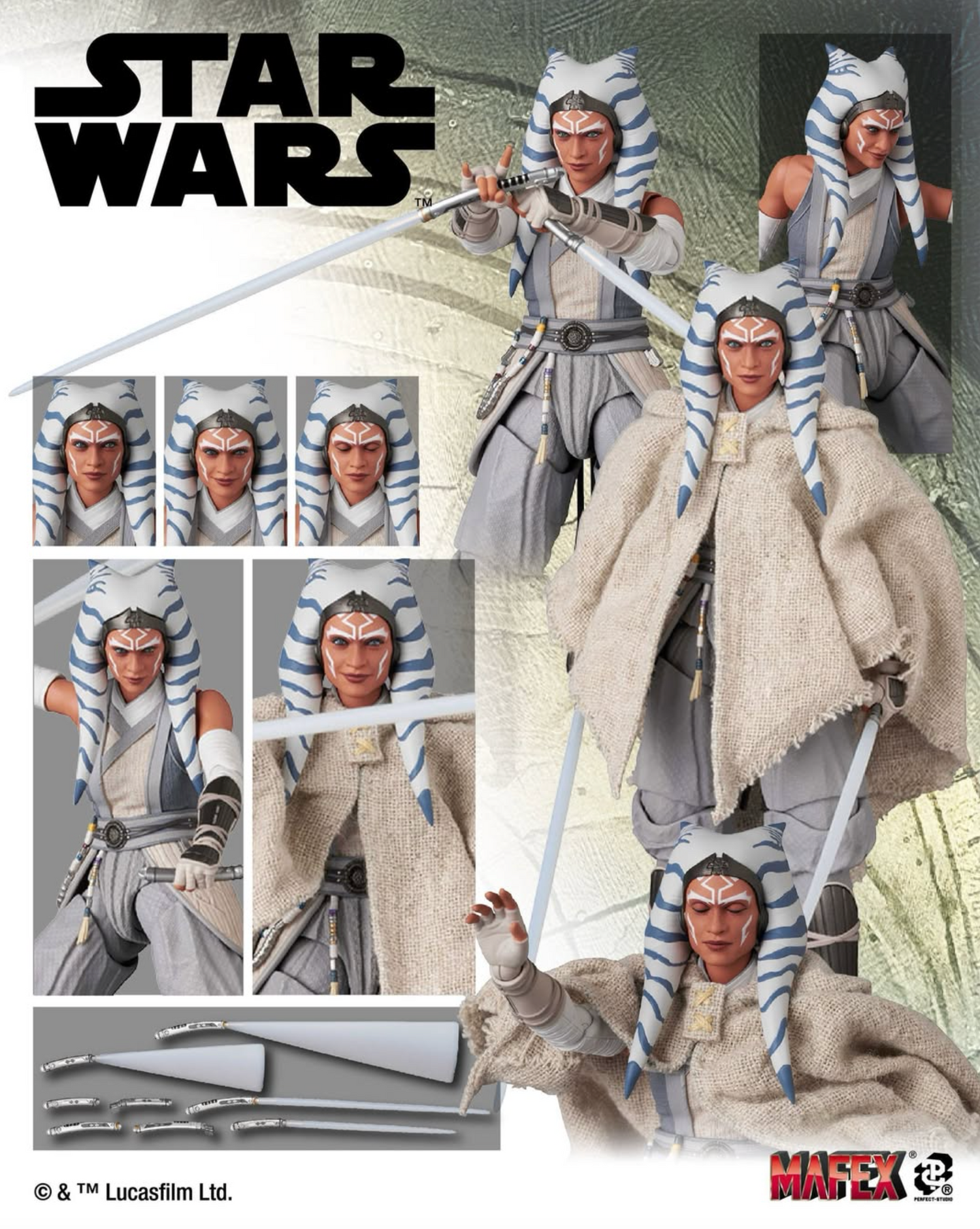 MAFEX Ahsoka Tano White Costume Ver. - tiga bagian wajah dan lightsaber motion effect