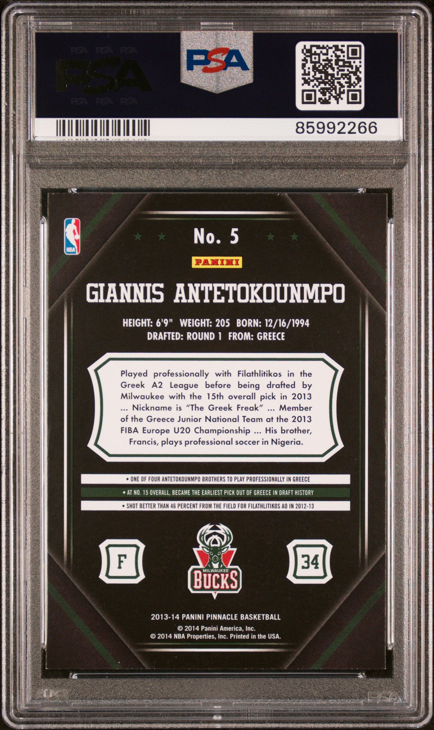 2013-14 Panini Pinnacle - Giannis Antetokounmpo - 5 - Rookie Card - PSA Graded Card