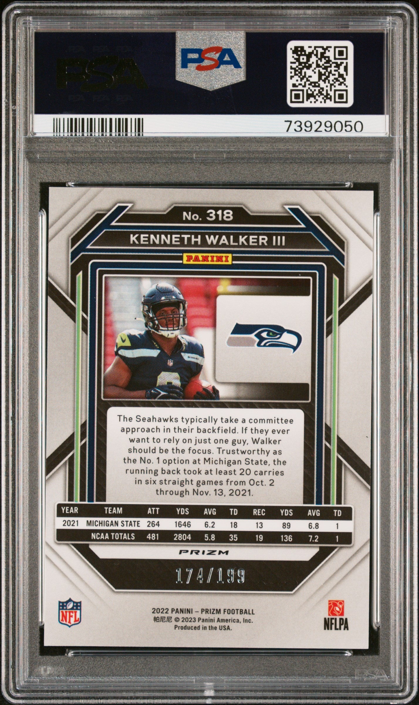 2022 Panini Prizm - Kenneth Walker III - Blue Wave Prizm #318 - Rookies -  Limited to /199 - PSA Graded Card