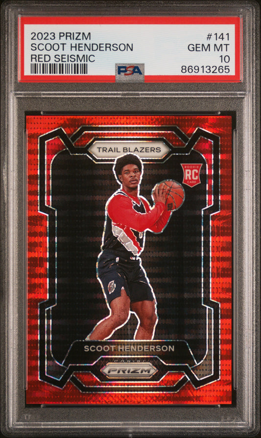 2023-24 Panini Prizm Red Seismic #141 Scoot Henderson - Rookie - PSA 10 - Numbered to /299