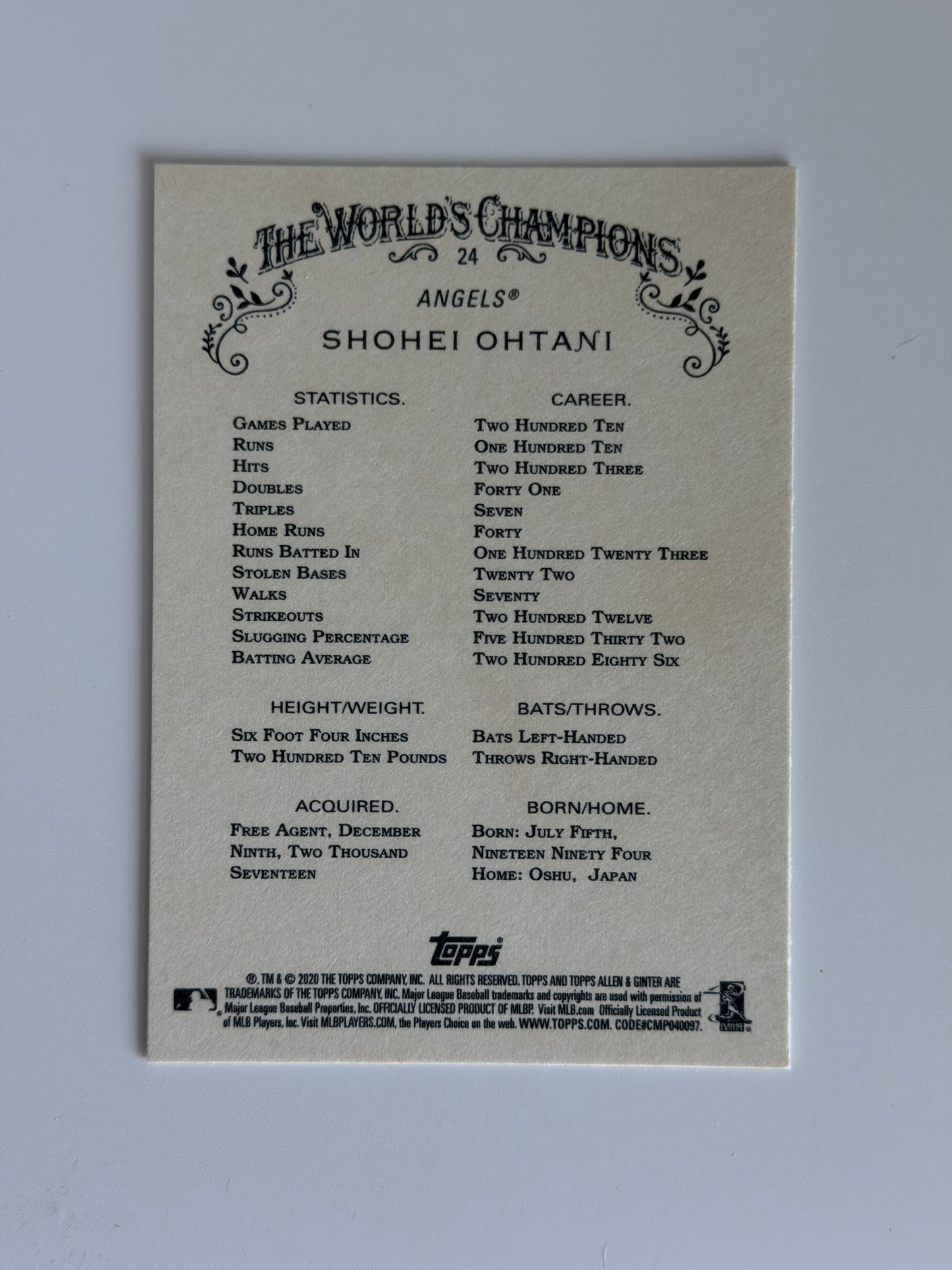 2020 Topps Allen & Ginter — The World's Champions - Shohei Ohtani - #24 - Raw Ungraded Card