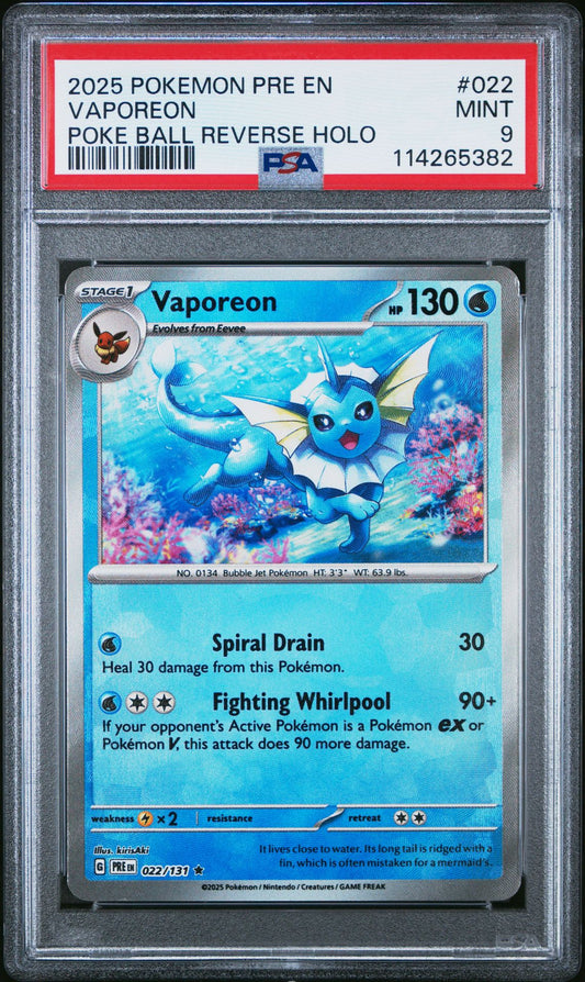 2025 Pokemon Pre En-Prismatic Evolutions 022 Vaporeon Poke Ball Reverse Holo - PSA Graded Card