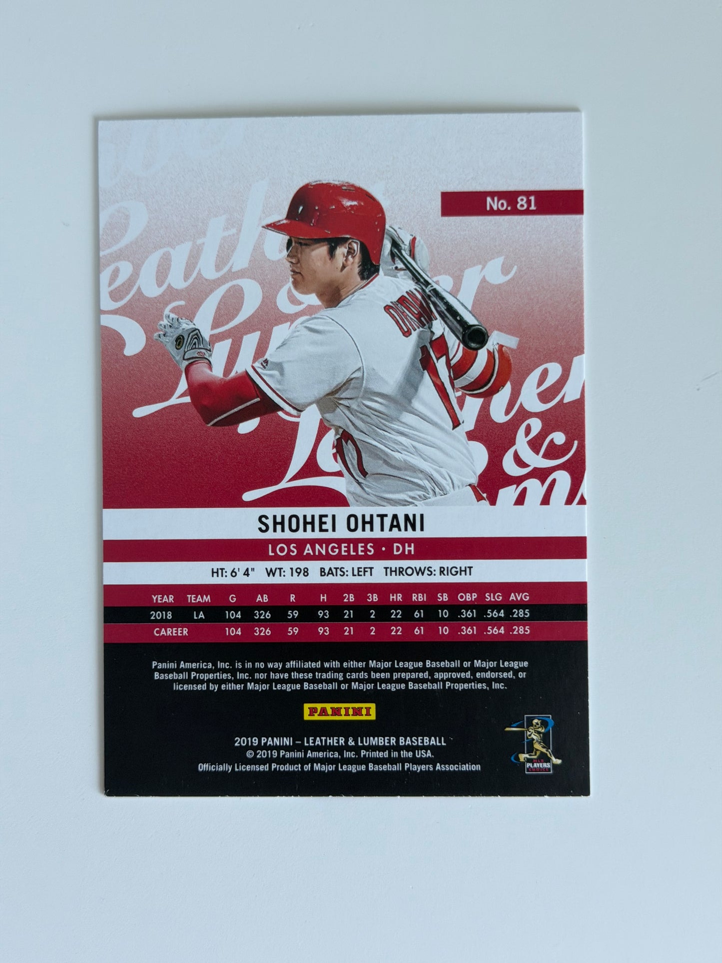 2019 Panini Leather & Lumber Baseball — Leather & Lumber - Shohei Ohtani - #81 - Raw Ungraded Card