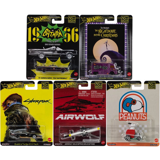 Hot Wheels - Pop Culture 2025 Mix - Complete Set of 5 - Snoopy, Batman, Cyberpunk & more