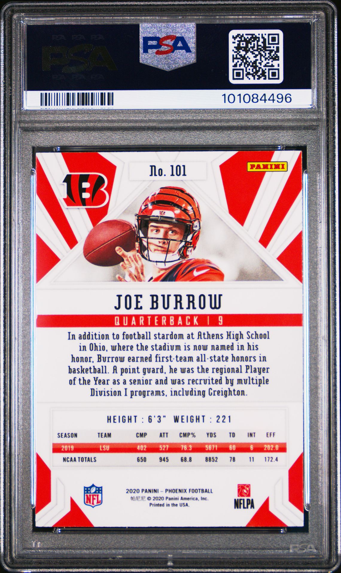 2020 PANINI - PHOENIX  - #101 - JOE BURROW - FIRE BURST - ROOKIE - PSA Graded Card