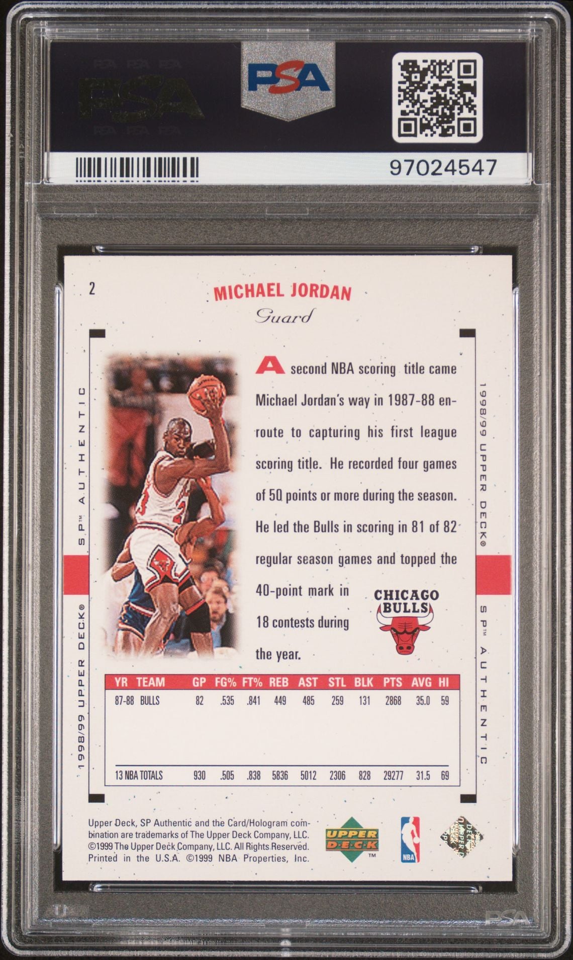 1998 SP Authentic - Michael Jordan - #2 - PSA Graded Card