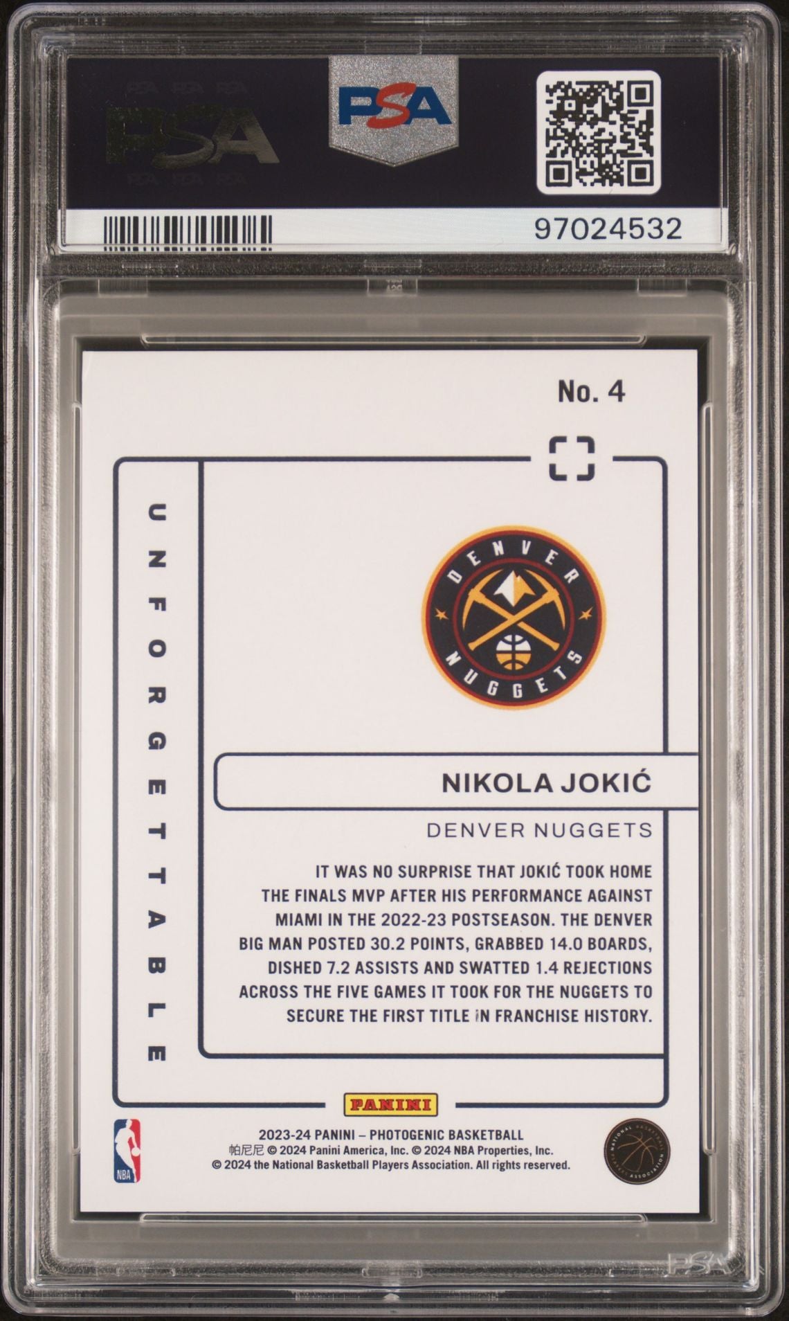 2023 Photogenic - Nikola Jokic - Unforgettable Diamond - Numbered to /75 - #4 - PSA Graded Card