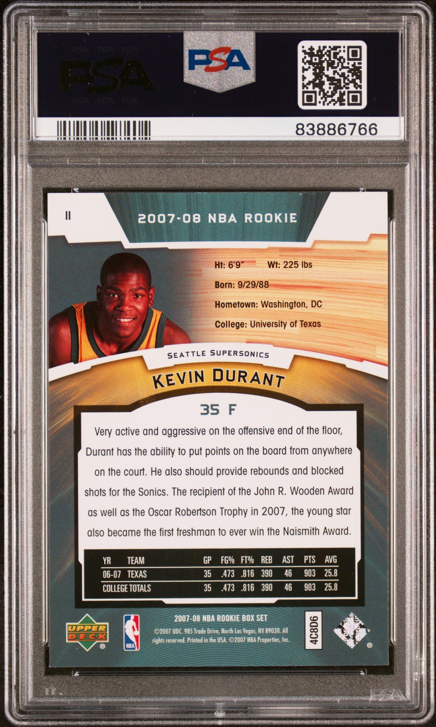 2007-08 Upper Deck NBA Rookie Set - Kevin Durant - 11 - Rookie Card - PSA Graded Card