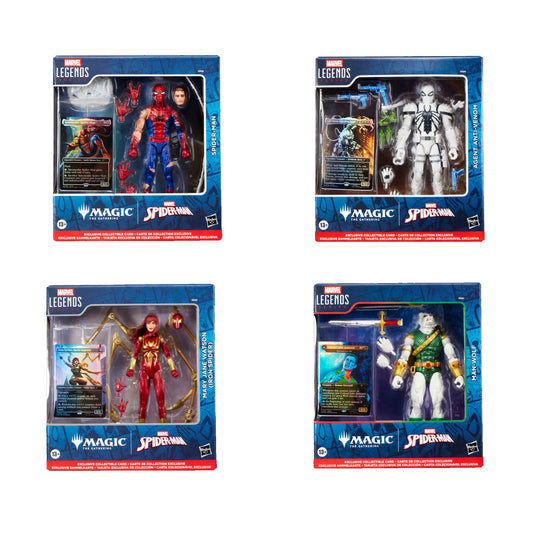 Marvel Legends x Magic: The Gathering - Complete Set of 4 Figures + Promo Cards (Battle-Damaged Spider-Man, Mary Jane Watson, Iron Spider, Man-Wolf, Agent Anti-Venom)