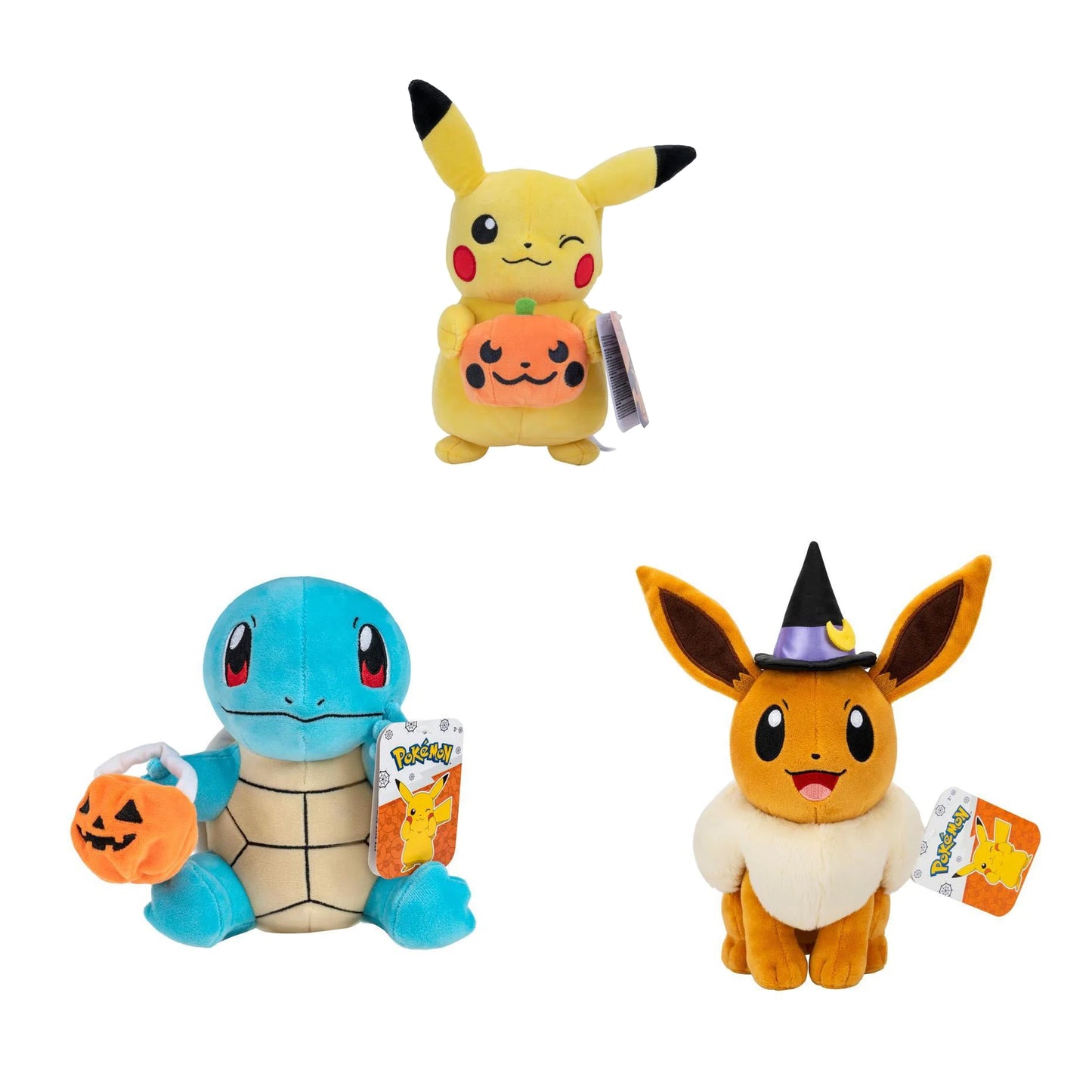 Pokemon Halloween 8-Inch Plush Set of 3 - Pikachu, Squirtle, Eevee