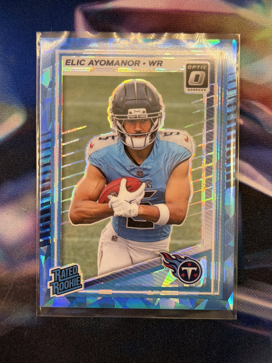 Elic Ayomanor Rated Rookie Blue Ice Prizm Front - 2025 Donruss Optic