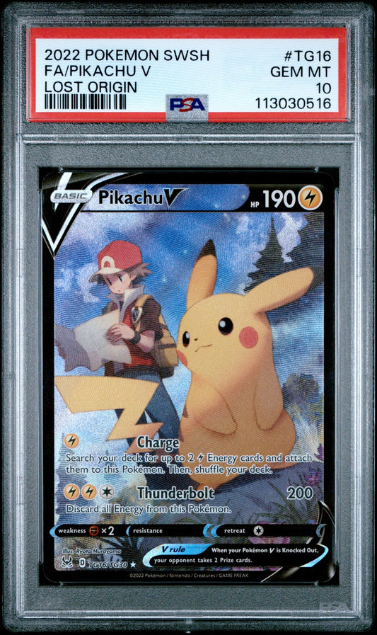 2022 Pokemon Sword & Shield Lost Origin #Tg16 Full Art/Pikachu V - PSA Graded Card