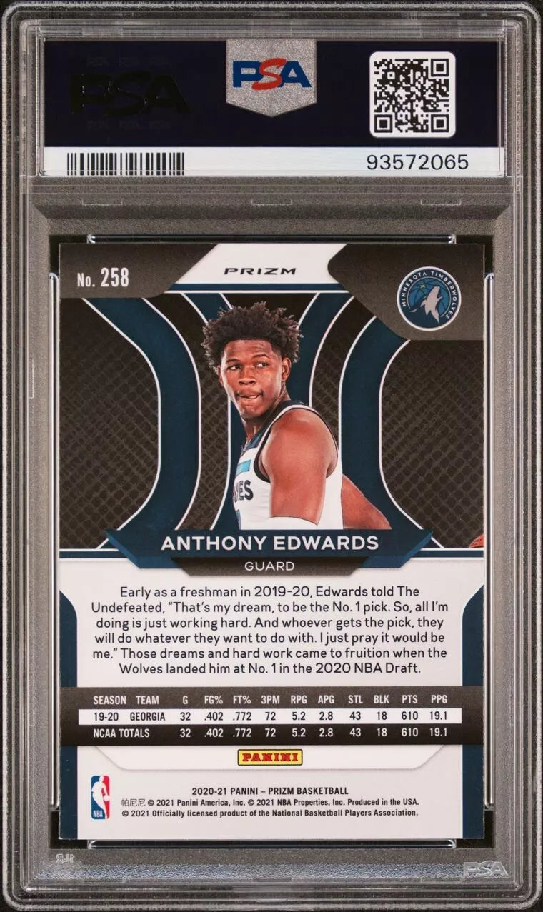 2020 Panini Prizm - Anthony Edwards - Rookie Silver Prizm - #258 - PSA Graded Card