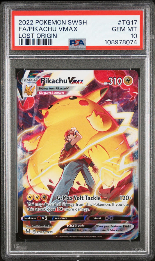 2022 Pokemon Sword & Shield Lost Origin #Tg17 Full Art/Pikachu VMAX - PSA Graded Card