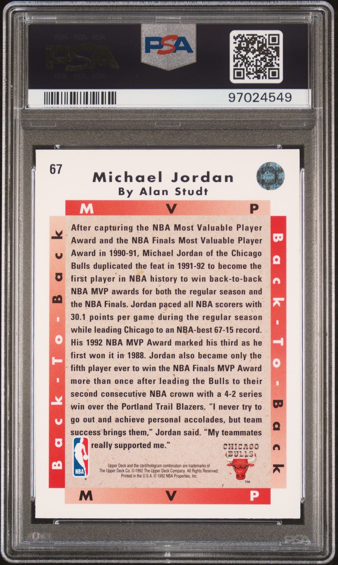 1992-93 Upper Deck Michael Jordan MVP - PSA Graded Card