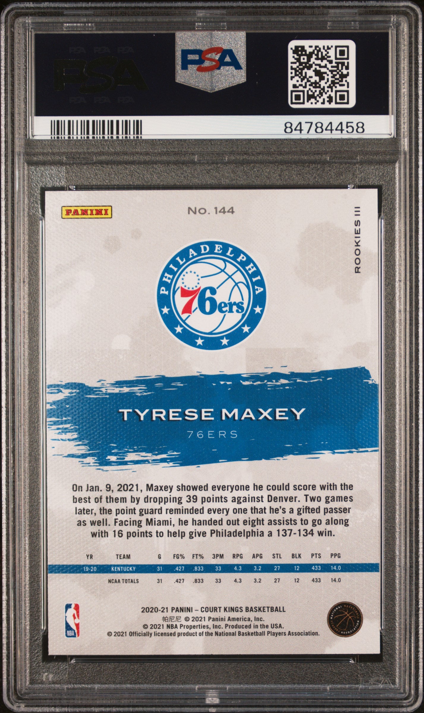 2020 Court Kings - Tyrese Maxey - Level 3 III Rookie Cad - #144 - PSA Graded Card