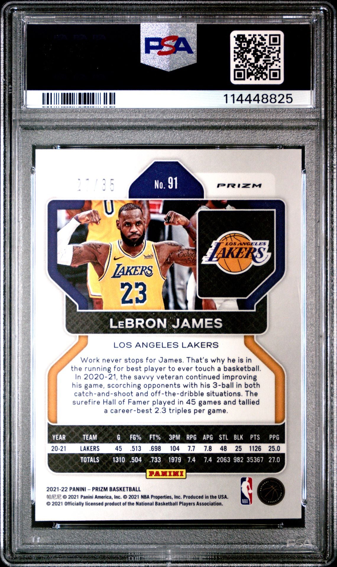 2021 Panini Prizm - LEBRON JAMES - Purple Pulsar [Limited to /35] #91 - PSA Graded Card