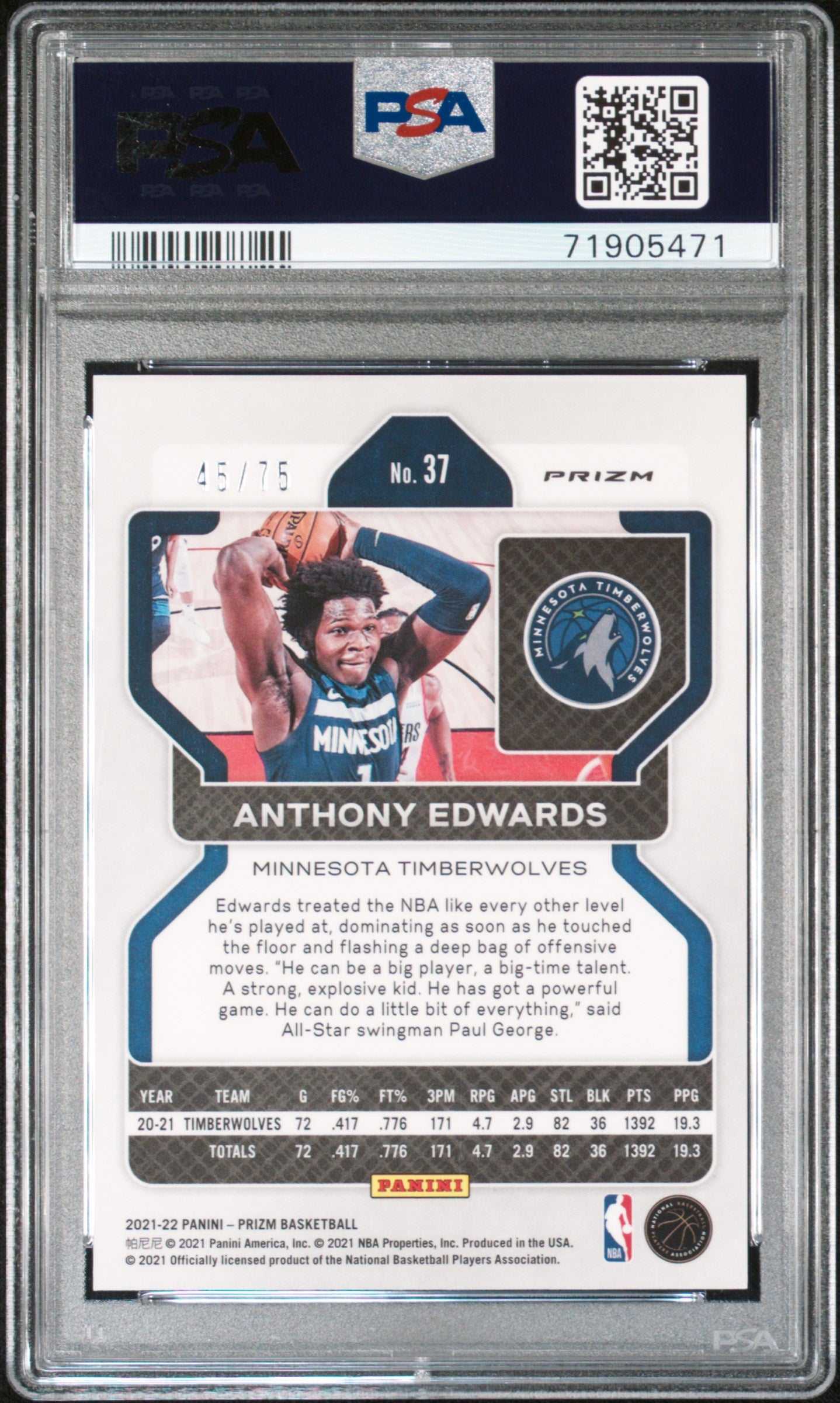 2021 Prizm - Anthony Edwards - NBA 75th Red Diamond Prizm - #37 - PSA Graded Card